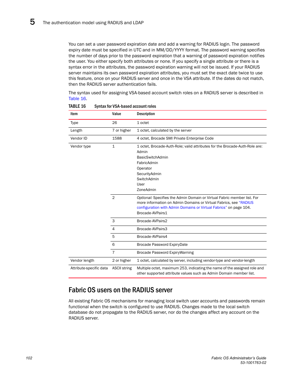 Fabric os users on the radius server, Table 16 | Dell POWEREDGE M1000E User Manual | Page 142 / 586