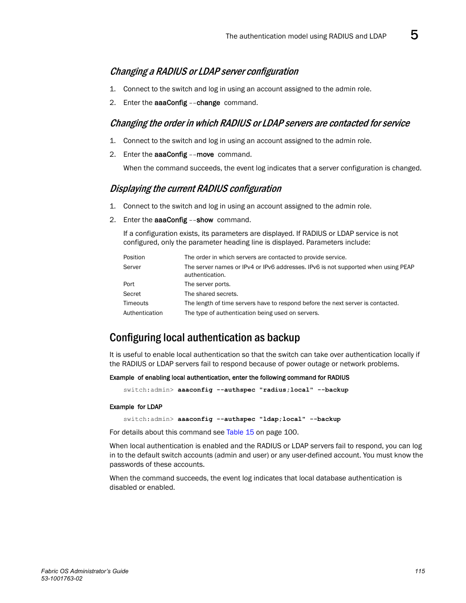 Configuring local authentication as backup, Changing a radius or ldap server configuration, Displaying the current radius configuration | Dell POWEREDGE M1000E User Manual | Page 155 / 586