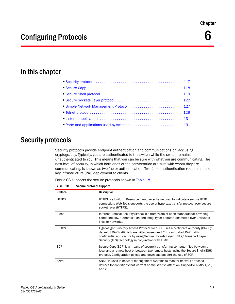 Configuring protocols, In this chapter, Security protocols | Chapter 6, Table 18, Chapter 6, “configuring protocols, Chapter | Dell POWEREDGE M1000E User Manual | Page 157 / 586