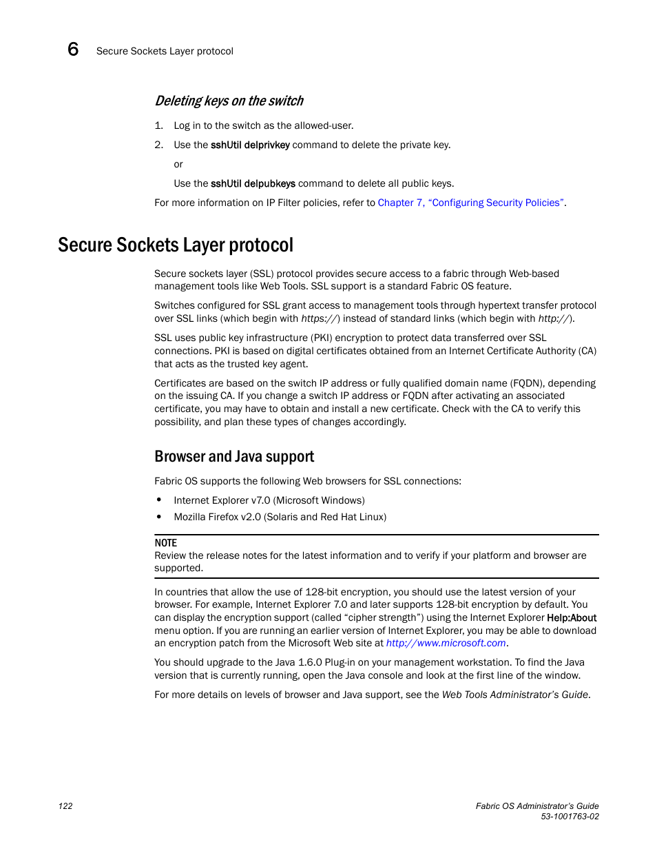 Secure sockets layer protocol, Browser and java support, Deleting keys on the switch | Dell POWEREDGE M1000E User Manual | Page 162 / 586