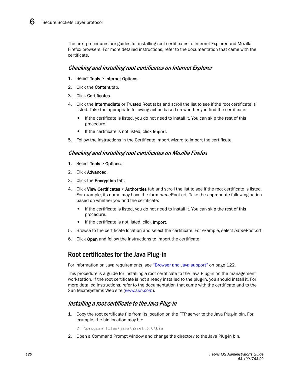Root certificates for the java plug-in, Installing a root certificate to the java plug-in | Dell POWEREDGE M1000E User Manual | Page 166 / 586