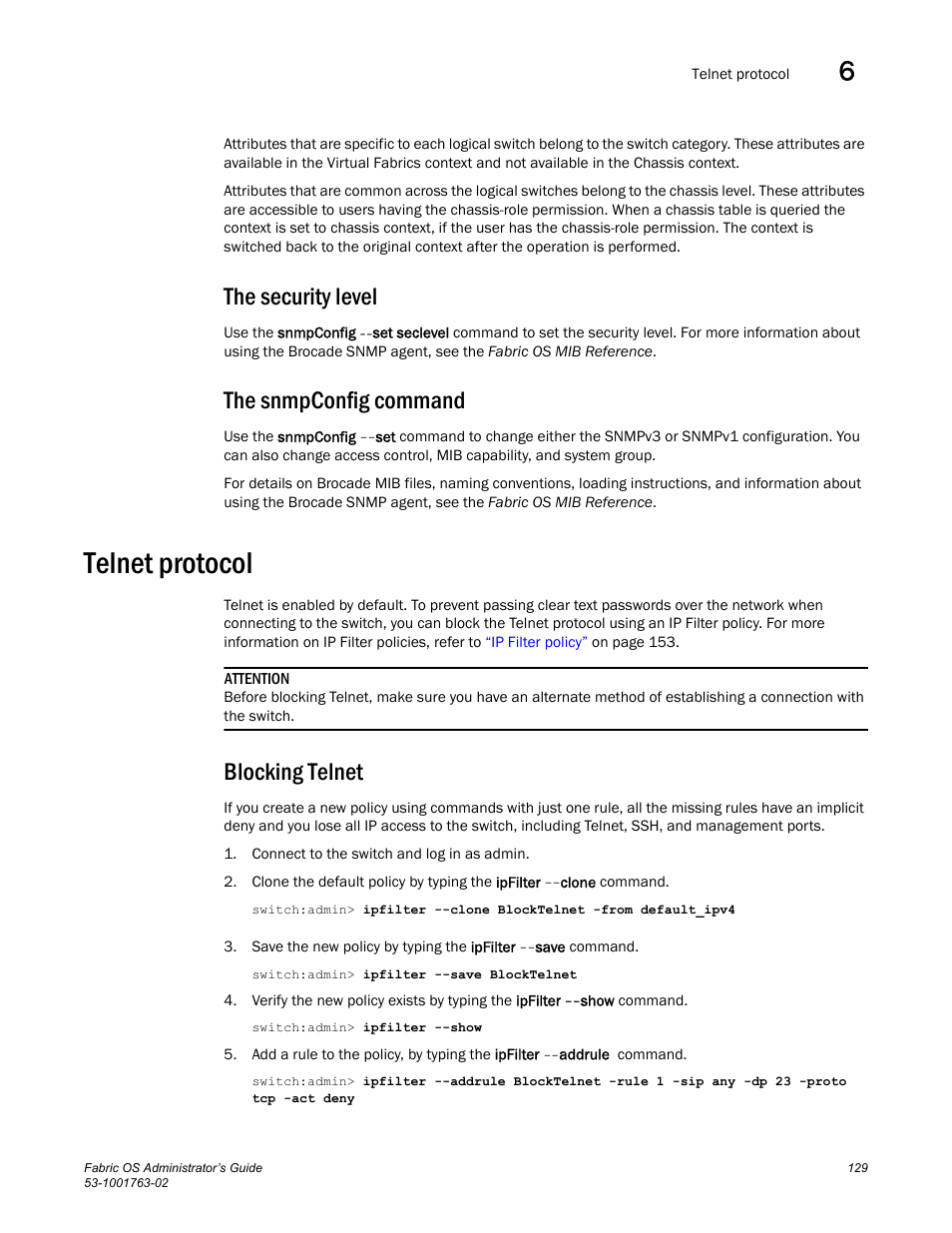 The security level, The snmpconfig command, Telnet protocol | Blocking telnet | Dell POWEREDGE M1000E User Manual | Page 169 / 586