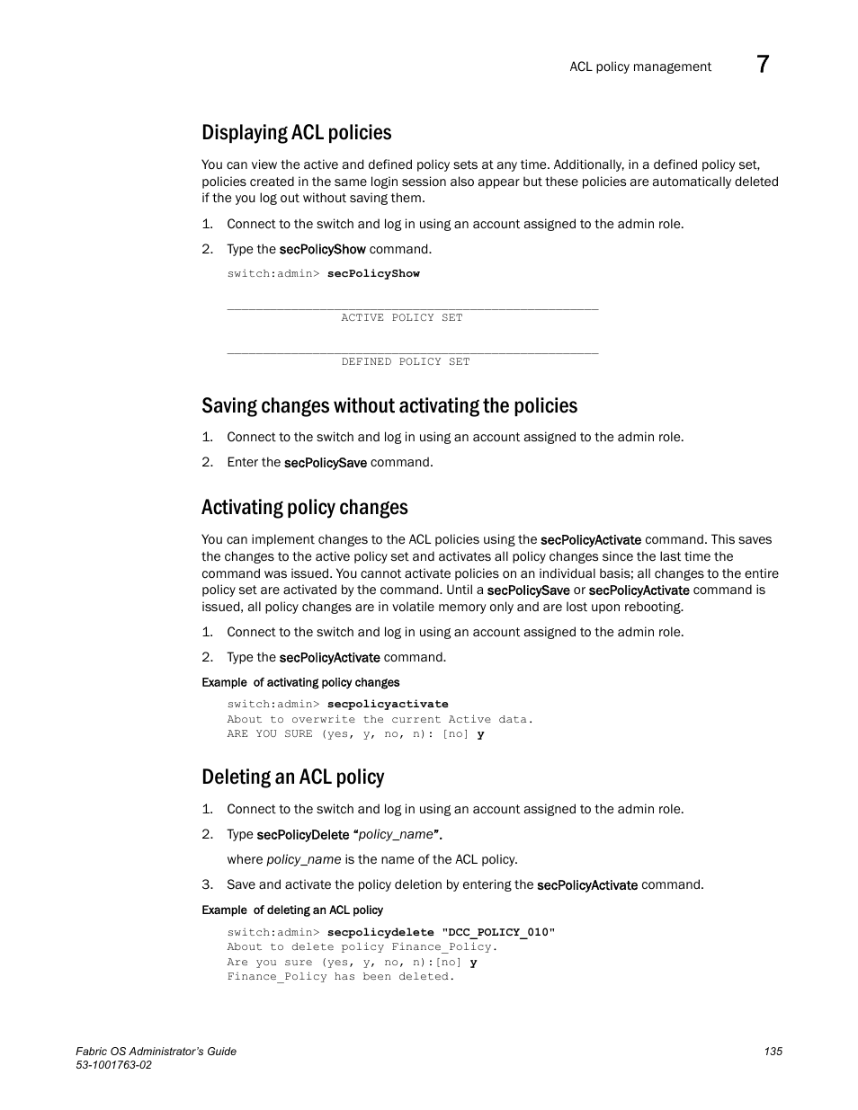 Displaying acl policies, Saving changes without activating the policies, Activating policy changes | Deleting an acl policy | Dell POWEREDGE M1000E User Manual | Page 175 / 586