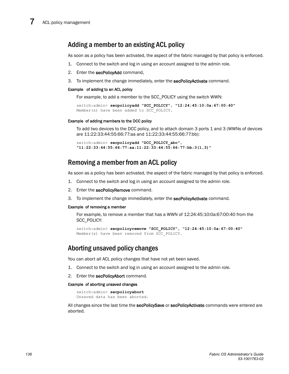 Adding a member to an existing acl policy, Removing a member from an acl policy, Aborting unsaved policy changes | Dell POWEREDGE M1000E User Manual | Page 176 / 586