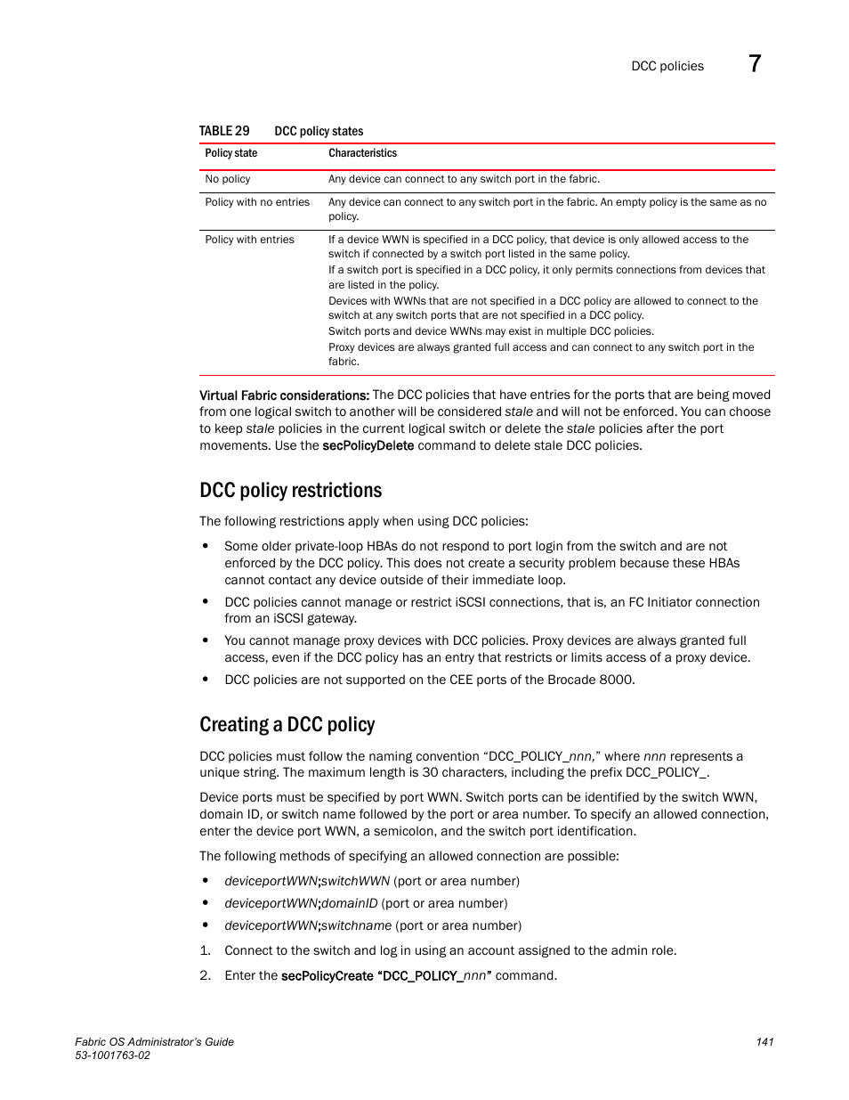 Dcc policy restrictions, Creating a dcc policy, Table 29 | Dell POWEREDGE M1000E User Manual | Page 181 / 586