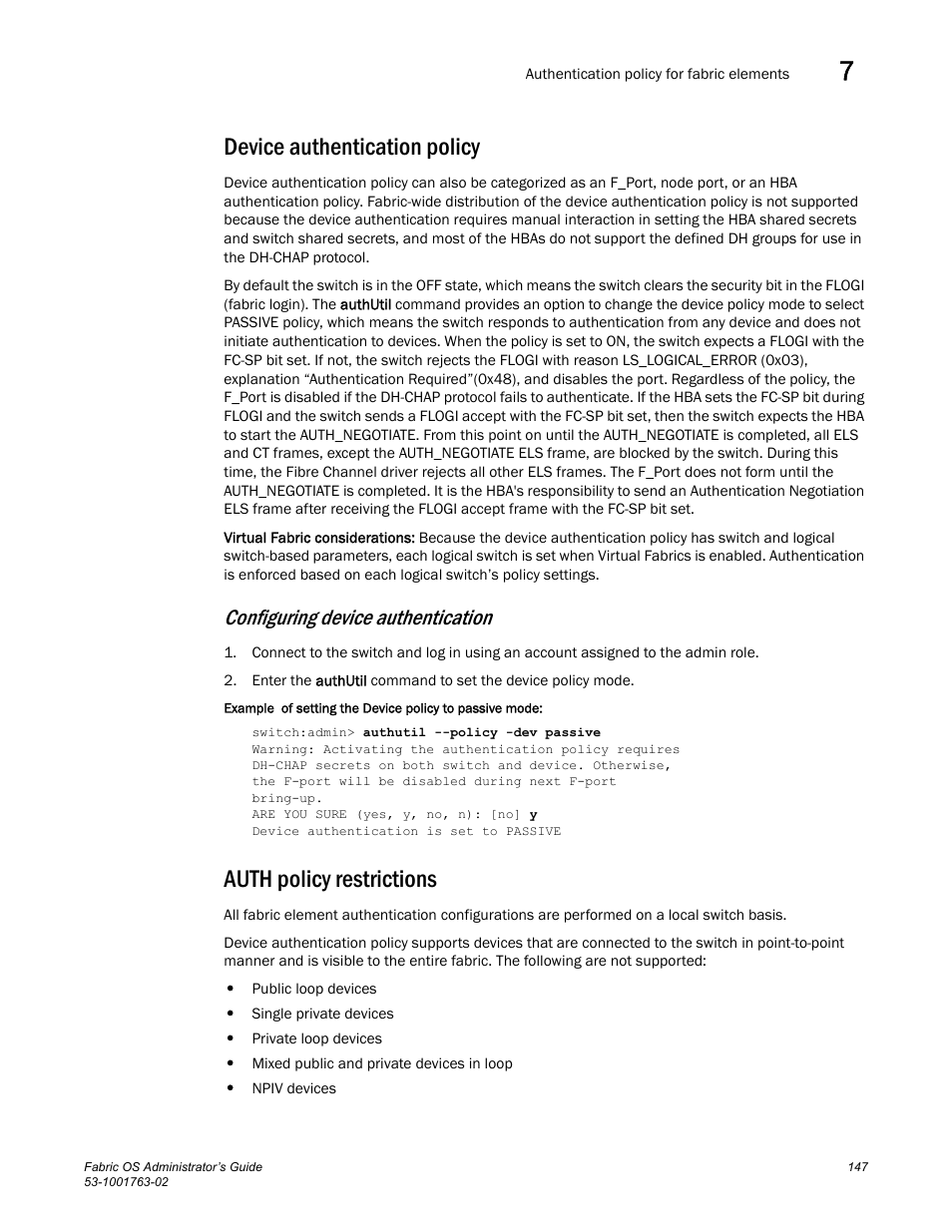 Device authentication policy, Auth policy restrictions, Configuring device authentication | Dell POWEREDGE M1000E User Manual | Page 187 / 586