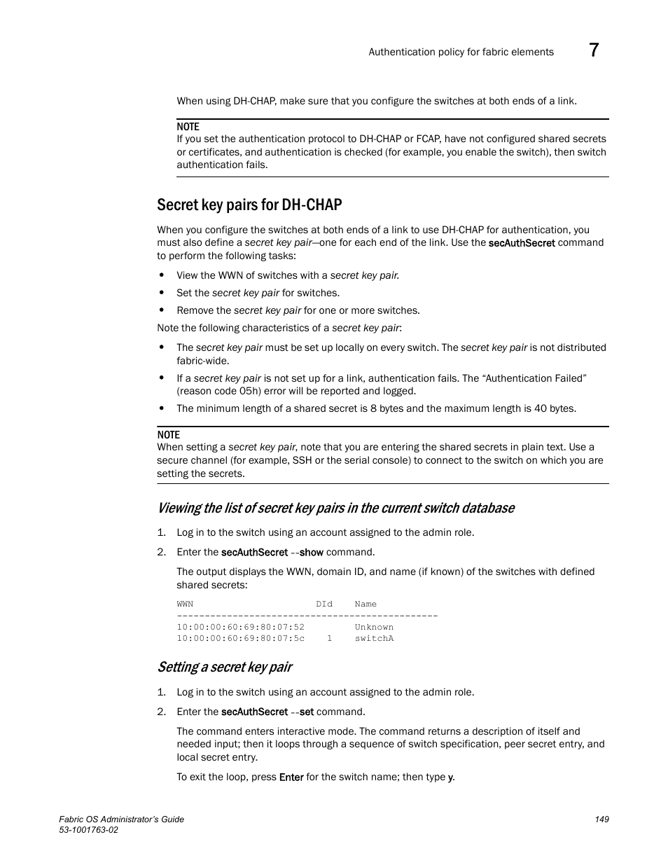 Secret key pairs for dh-chap, Setting a secret key pair | Dell POWEREDGE M1000E User Manual | Page 189 / 586