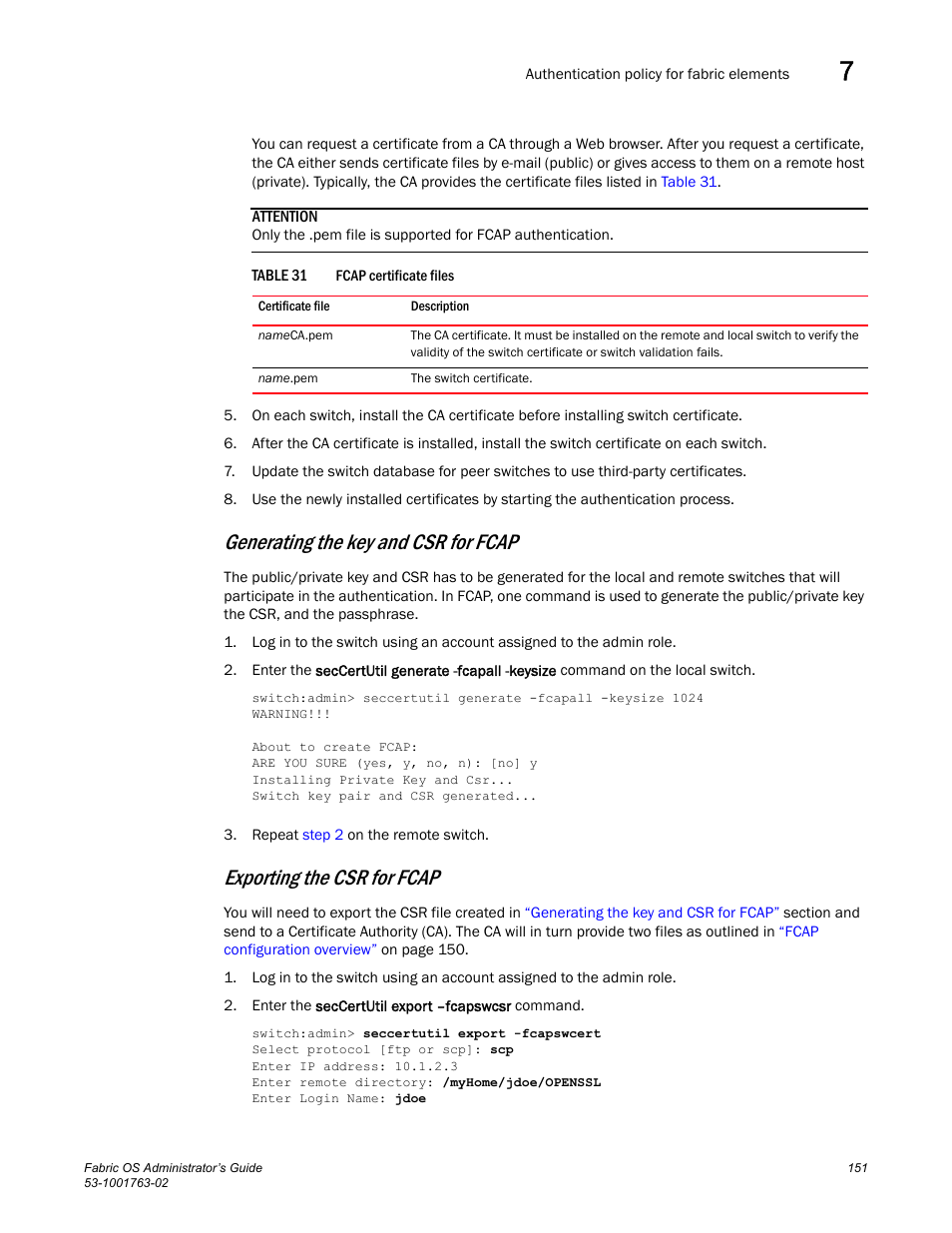 Table 31, Generating the key and csr for fcap, Exporting the csr for fcap | Dell POWEREDGE M1000E User Manual | Page 191 / 586