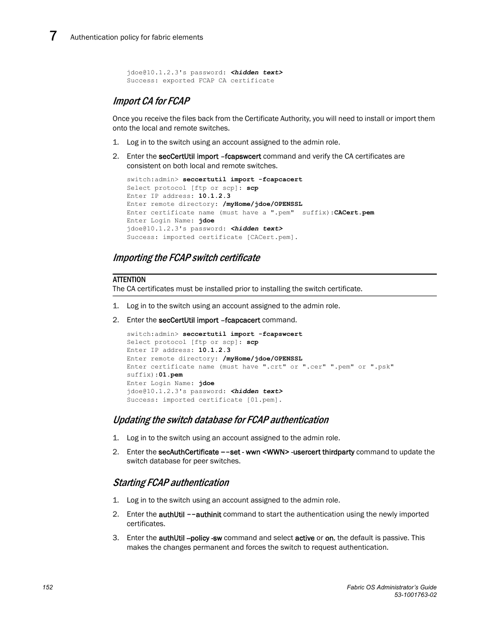 Import ca for fcap, Importing the fcap switch certificate, Starting fcap authentication | Dell POWEREDGE M1000E User Manual | Page 192 / 586