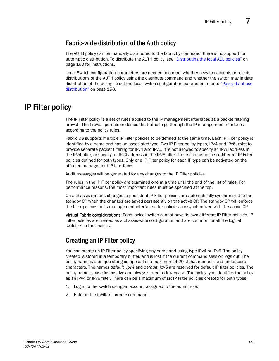 Fabric-wide distribution of the auth policy, Ip filter policy, Creating an ip filter policy | Dell POWEREDGE M1000E User Manual | Page 193 / 586