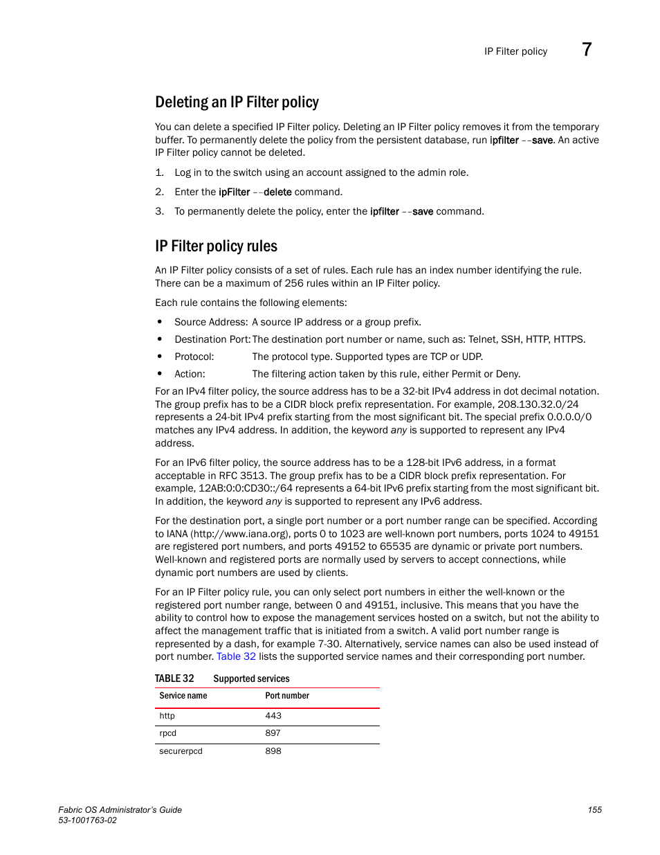 Deleting an ip filter policy, Ip filter policy rules, Table 32 | Dell POWEREDGE M1000E User Manual | Page 195 / 586