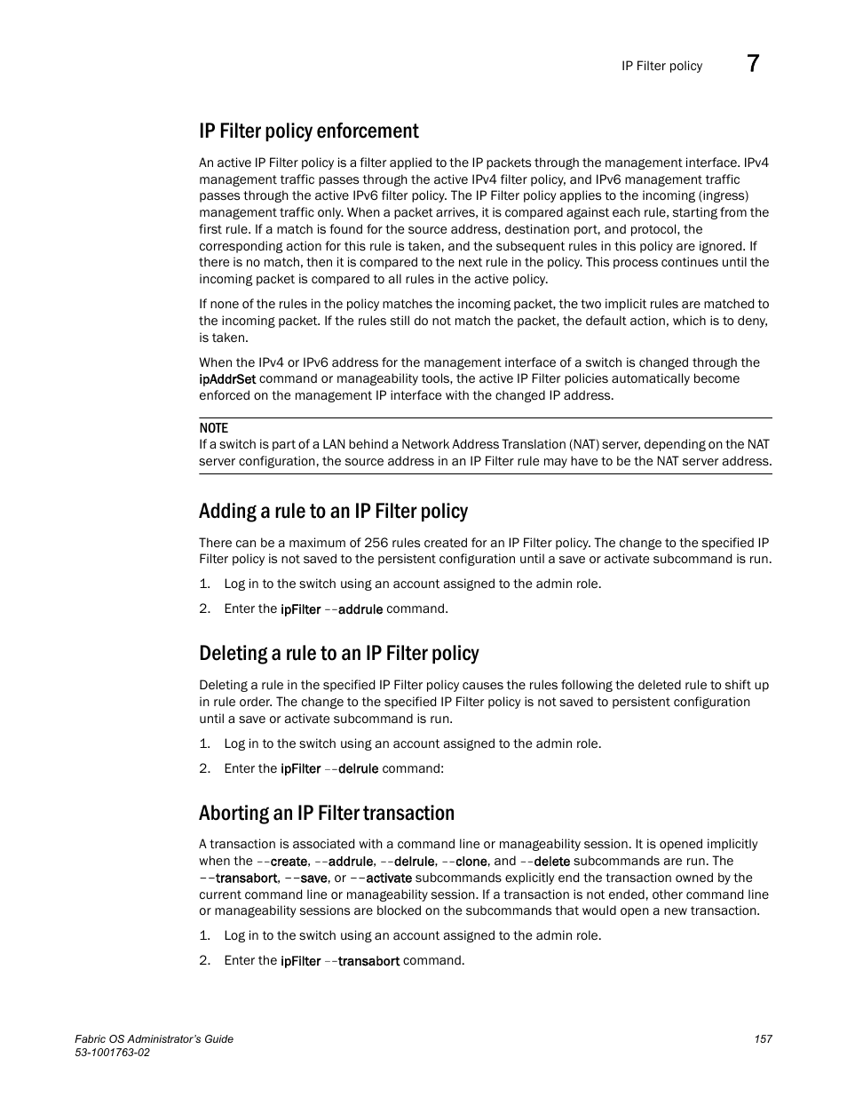 Ip filter policy enforcement, Adding a rule to an ip filter policy, Deleting a rule to an ip filter policy | Aborting an ip filter transaction | Dell POWEREDGE M1000E User Manual | Page 197 / 586