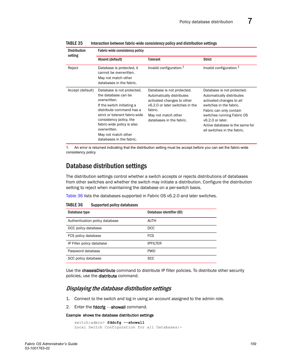 Database distribution settings, Table 35, Table 36 | Displaying the database distribution settings | Dell POWEREDGE M1000E User Manual | Page 199 / 586