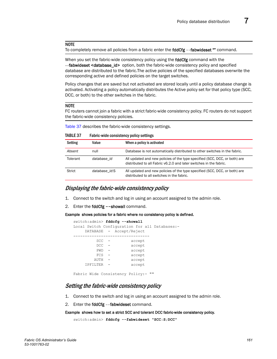 Table 37, Displaying the fabric-wide consistency policy, Setting the fabric-wide consistency policy | Dell POWEREDGE M1000E User Manual | Page 201 / 586