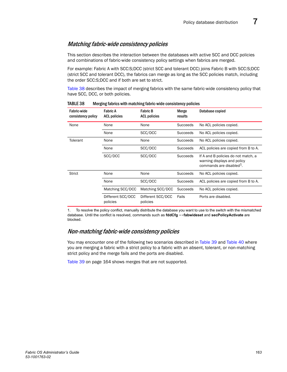 Table 38, Matching fabric-wide consistency policies, Non-matching fabric-wide consistency policies | Dell POWEREDGE M1000E User Manual | Page 203 / 586