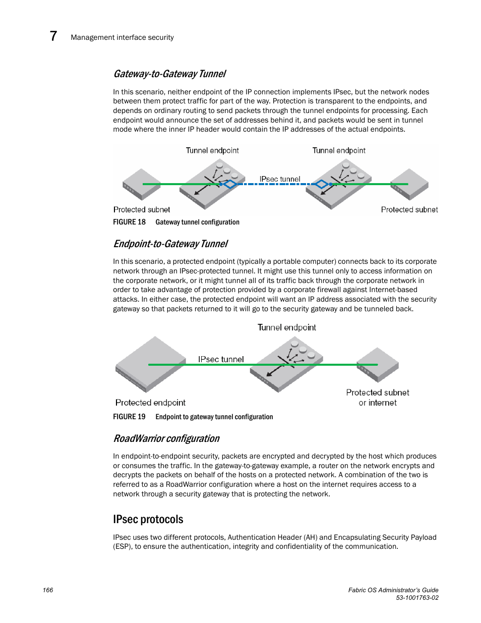 Ipsec protocols, Figure 18, Gateway | Figure 19, Endpoint, Gateway-to-gateway tunnel, Endpoint-to-gateway tunnel, Roadwarrior configuration | Dell POWEREDGE M1000E User Manual | Page 206 / 586