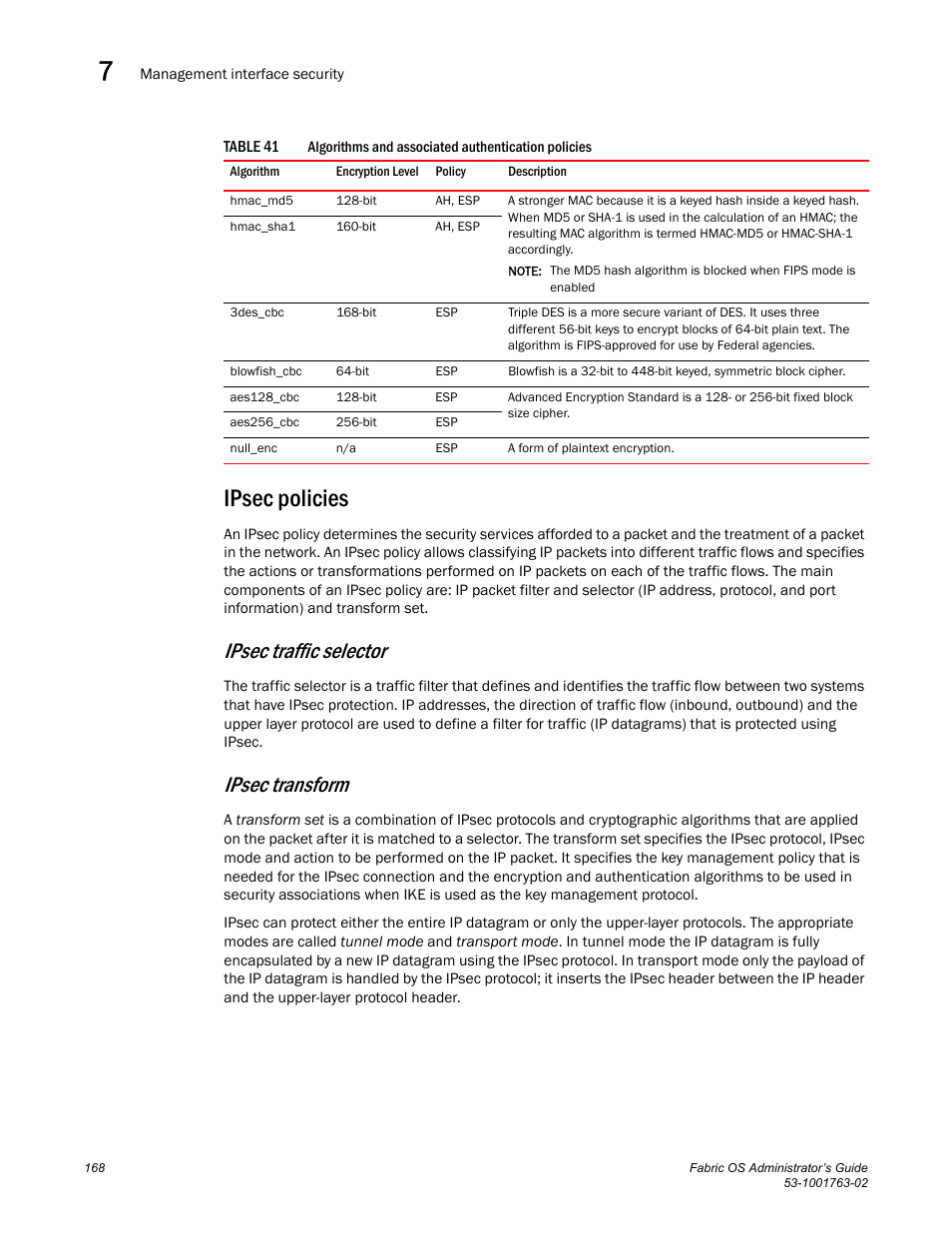 Ipsec policies, Table 41, Ipsec traffic selector | Ipsec transform | Dell POWEREDGE M1000E User Manual | Page 208 / 586