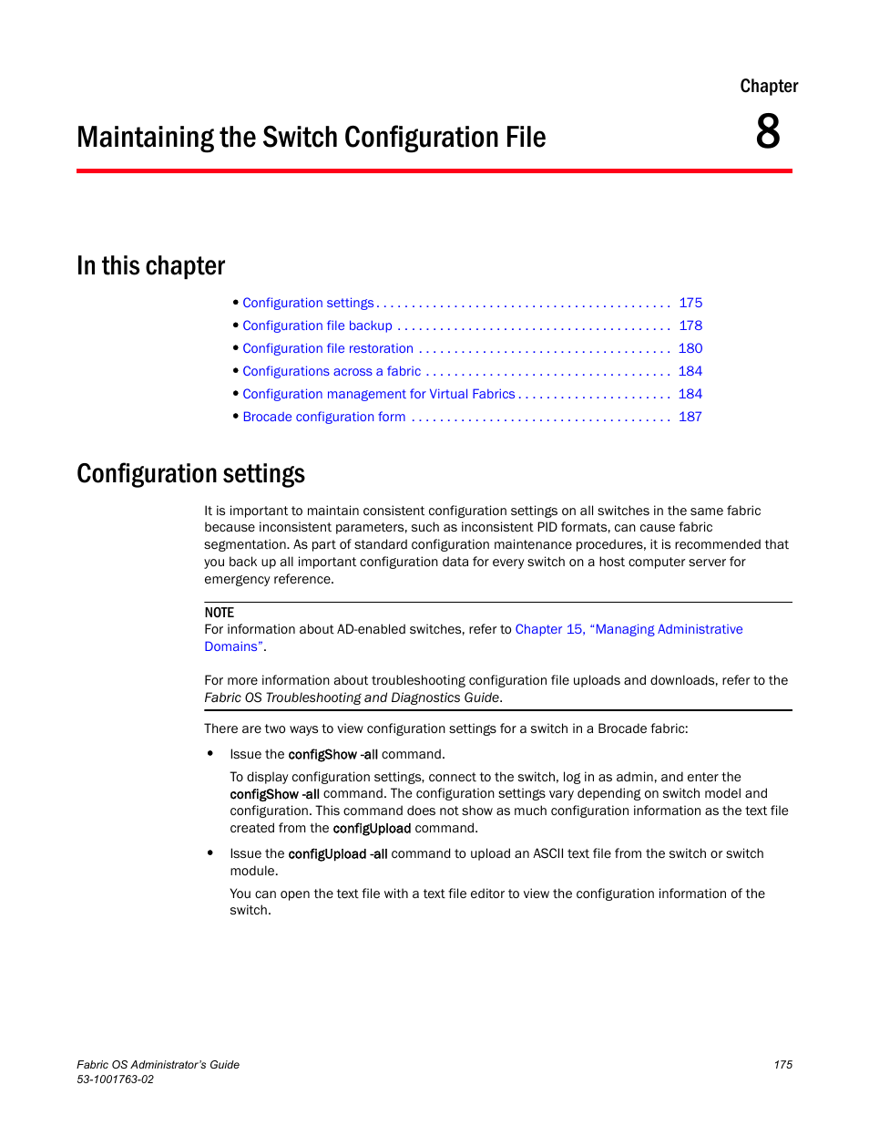 Maintaining the switch configuration file, In this chapter, Configuration settings | Chapter 8, Ads, see the, Chapter, 8, “maintaining the switch configuration file | Dell POWEREDGE M1000E User Manual | Page 215 / 586