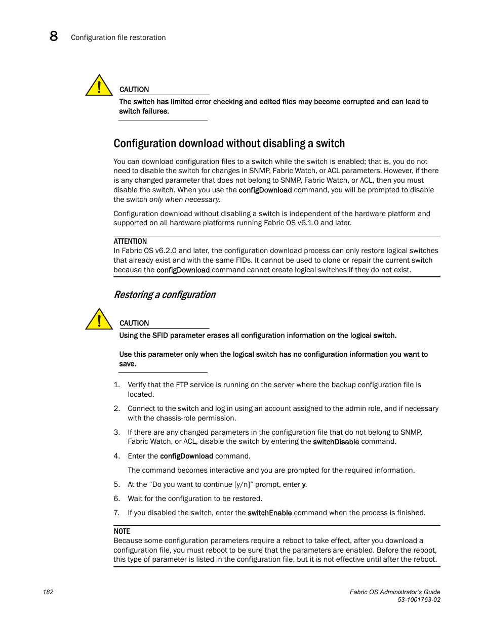 Configuration download without disabling a switch, Configuration download, Without disabling a switch | Restoring a configuration | Dell POWEREDGE M1000E User Manual | Page 222 / 586