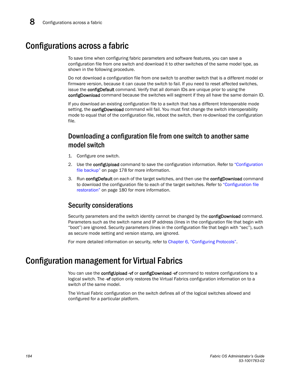 Configurations across a fabric, Security considerations, Configuration management for virtual fabrics | Dell POWEREDGE M1000E User Manual | Page 224 / 586