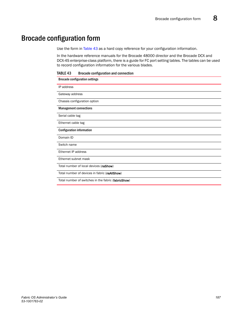 Brocade configuration form, Table 43 | Dell POWEREDGE M1000E User Manual | Page 227 / 586