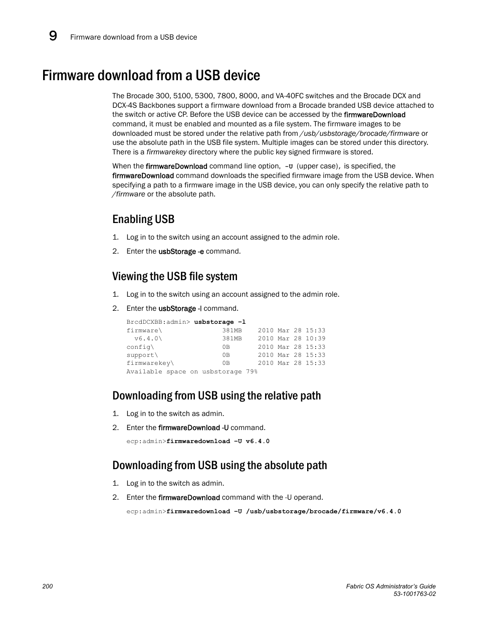 Firmware download from a usb device, Enabling usb, Viewing the usb file system | Downloading from usb using the relative path, Downloading from usb using the absolute path | Dell POWEREDGE M1000E User Manual | Page 240 / 586