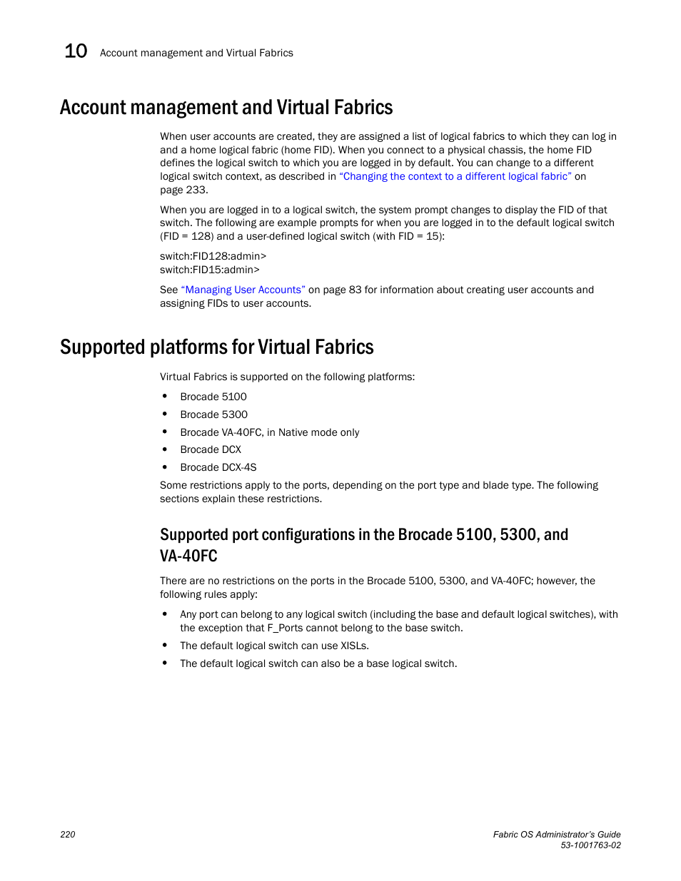 Account management and virtual fabrics, Supported platforms for virtual fabrics, Types, see | Supported platforms for, Virtual fabrics, Supported, Platforms for virtual fabrics | Dell POWEREDGE M1000E User Manual | Page 260 / 586