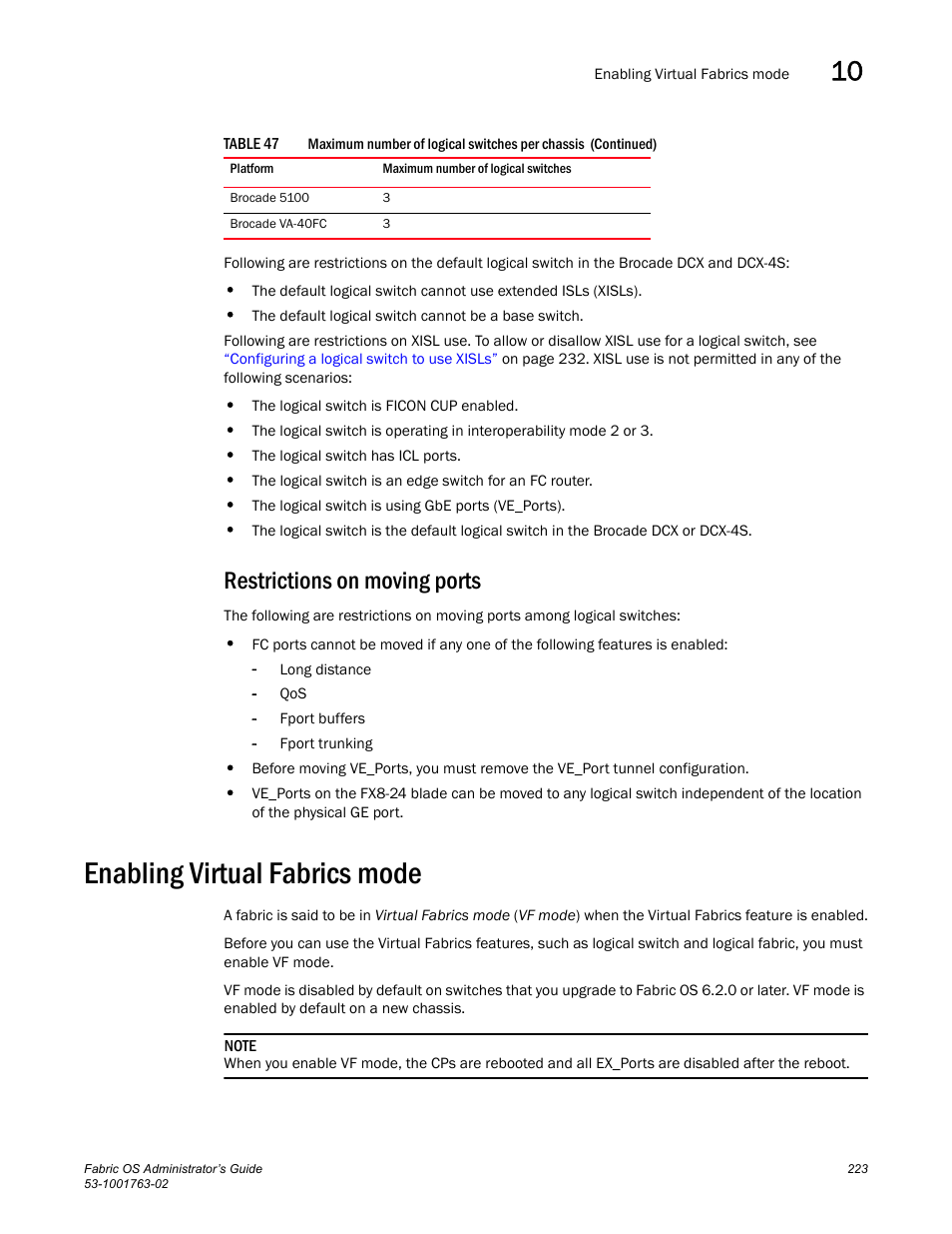 Restrictions on moving ports, Enabling virtual fabrics mode | Dell POWEREDGE M1000E User Manual | Page 263 / 586