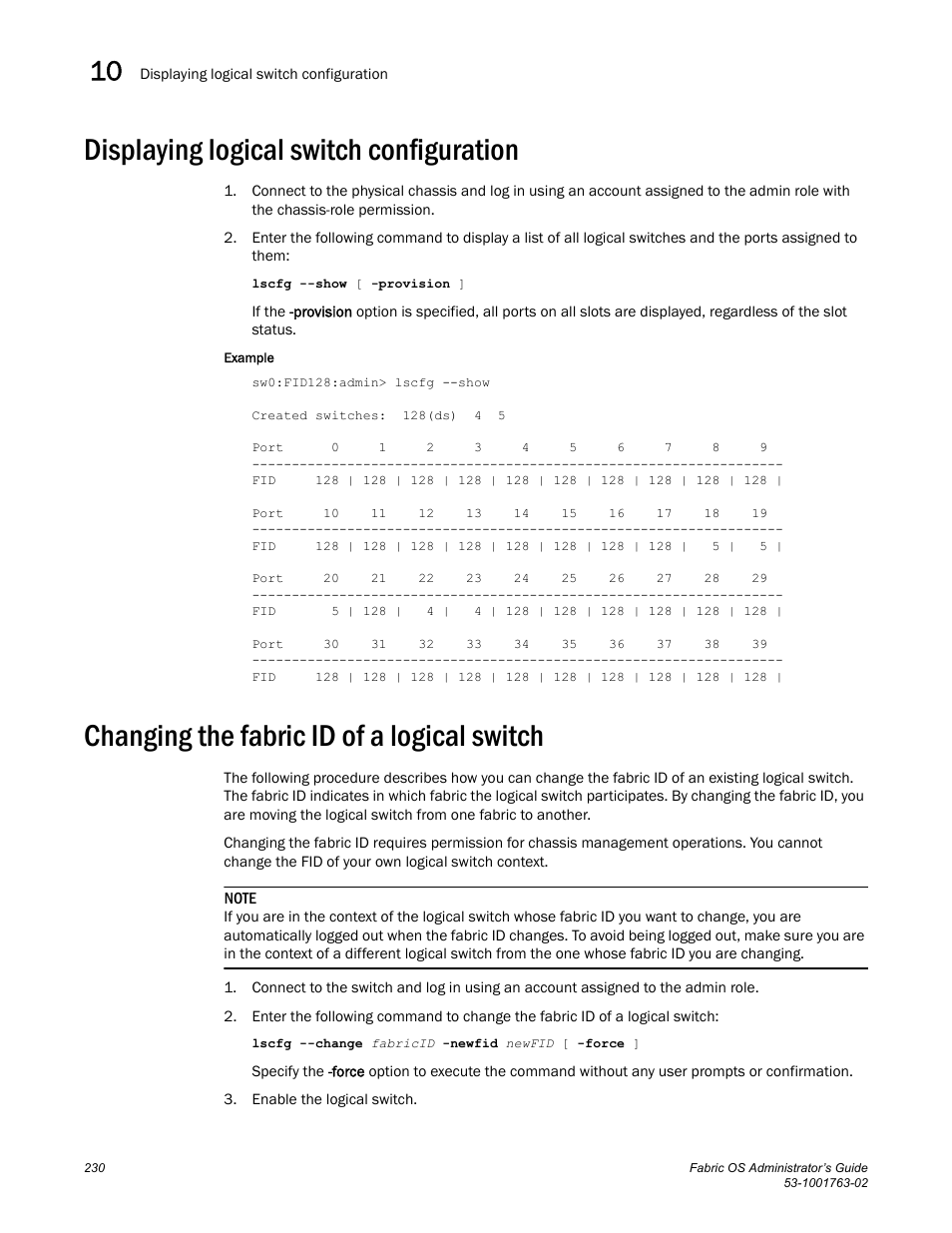 Displaying logical switch configuration, Changing the fabric id of a logical switch | Dell POWEREDGE M1000E User Manual | Page 270 / 586