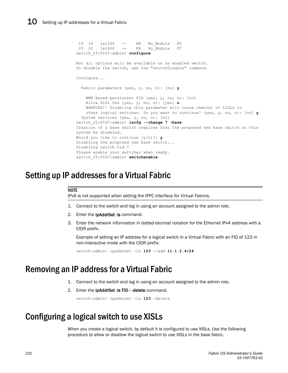 Setting up ip addresses for a virtual fabric, Removing an ip address for a virtual fabric, Configuring a logical switch to use xisls | As described in, Configuring a logical switch to use, Xisls | Dell POWEREDGE M1000E User Manual | Page 272 / 586