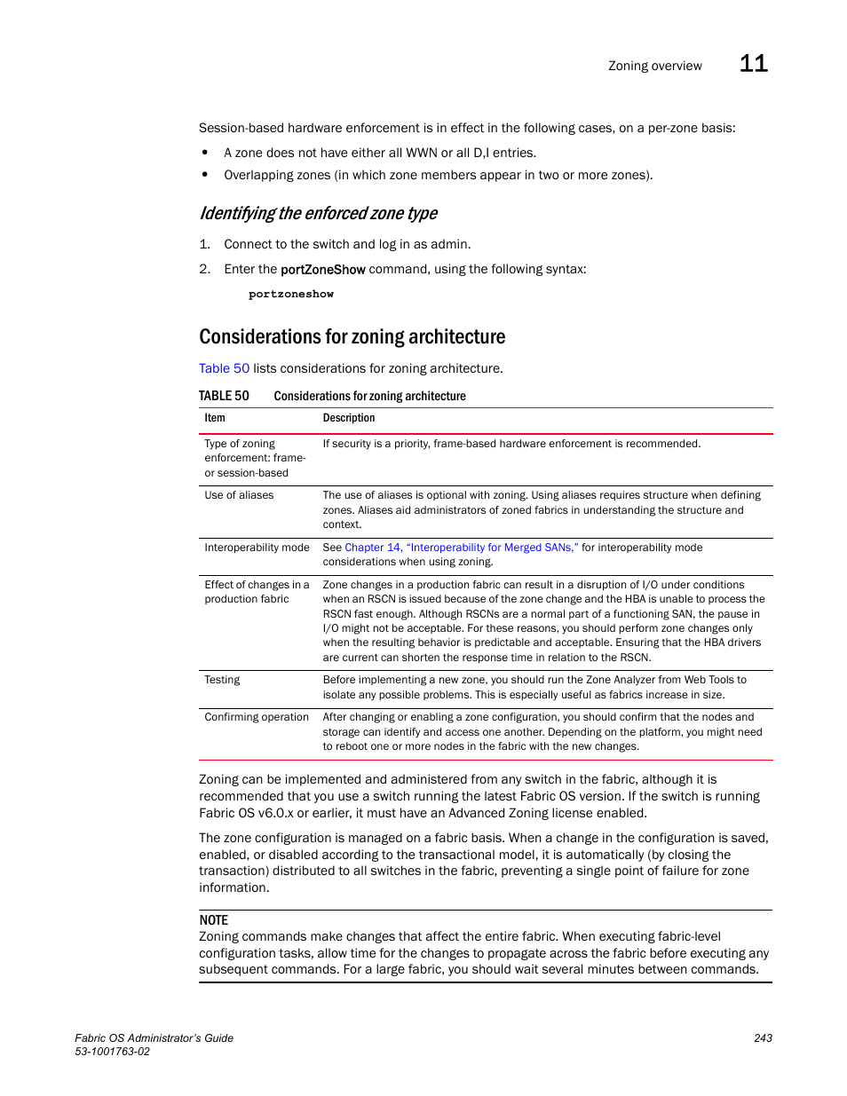 Considerations for zoning architecture, Table 50, Identifying the enforced zone type | Dell POWEREDGE M1000E User Manual | Page 283 / 586