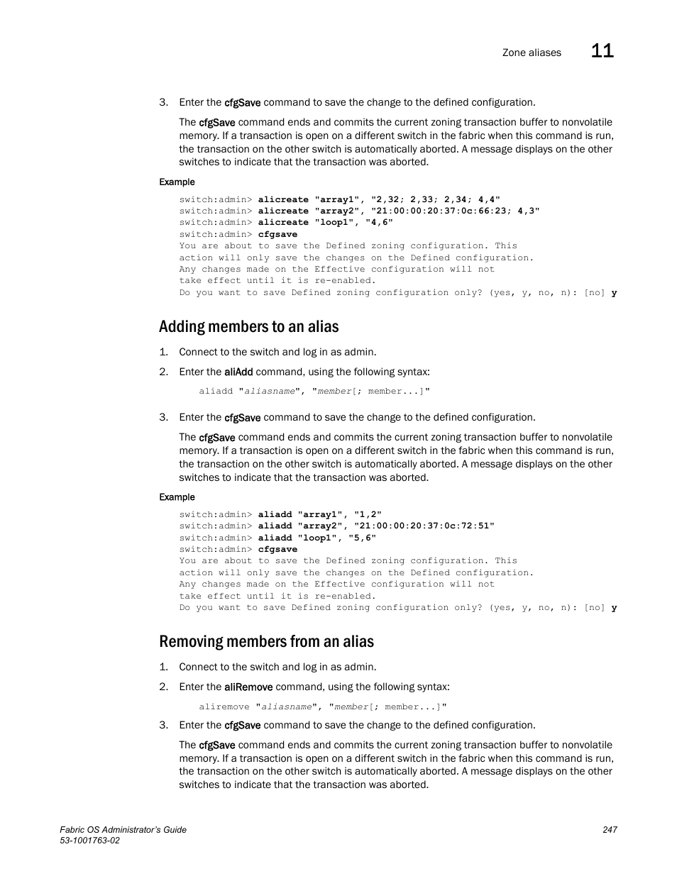 Adding members to an alias, Removing members from an alias | Dell POWEREDGE M1000E User Manual | Page 287 / 586