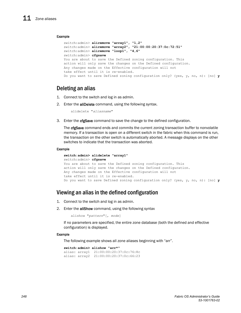 Deleting an alias, Viewing an alias in the defined configuration | Dell POWEREDGE M1000E User Manual | Page 288 / 586