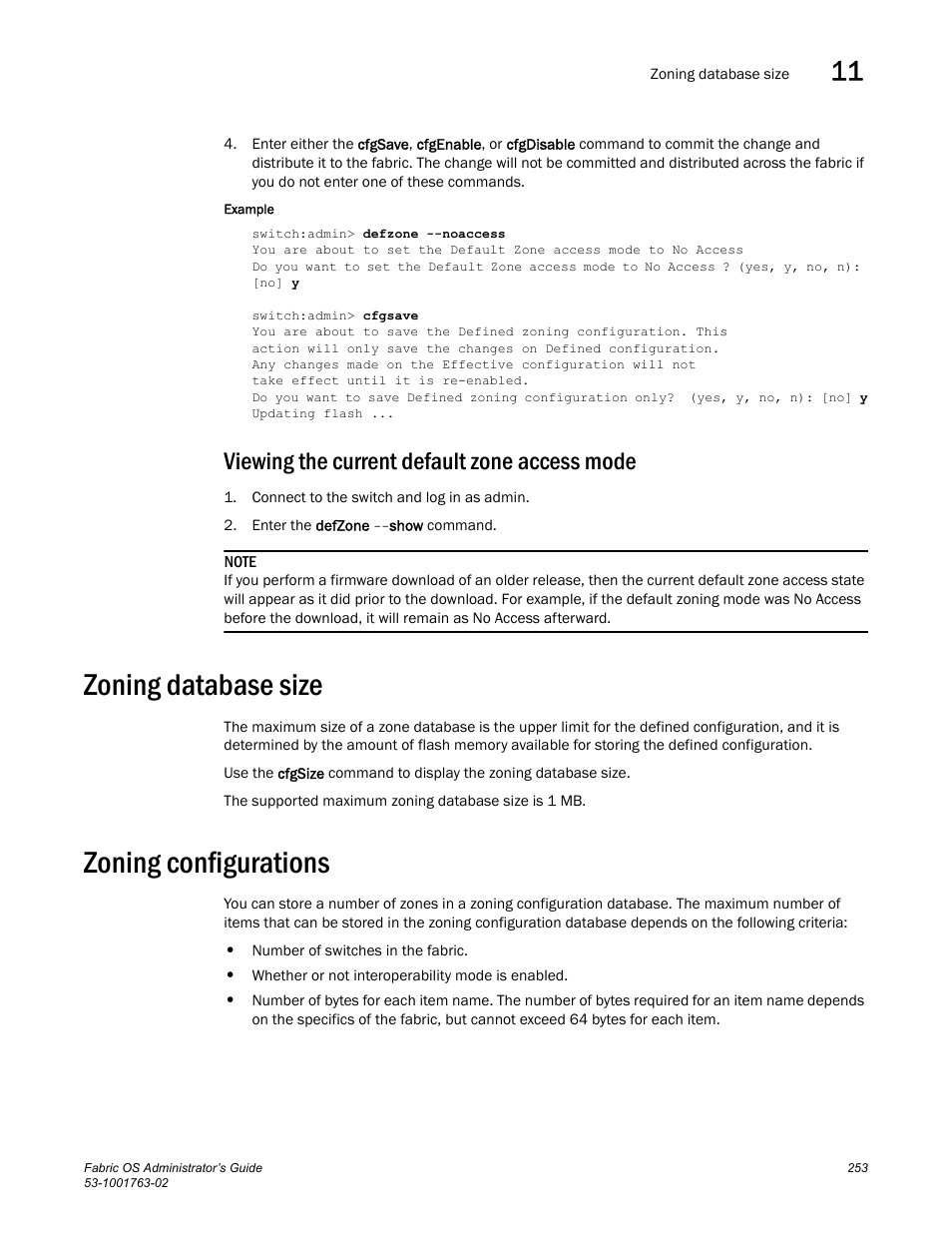 Viewing the current default zone access mode, Zoning database size, Zoning configurations | Dell POWEREDGE M1000E User Manual | Page 293 / 586