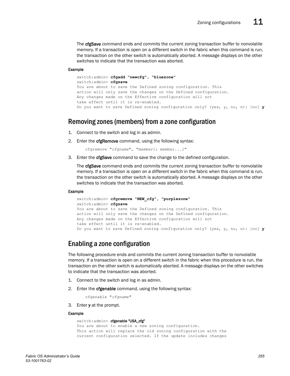 Removing zones (members) from a zone configuration, Enabling a zone configuration | Dell POWEREDGE M1000E User Manual | Page 295 / 586
