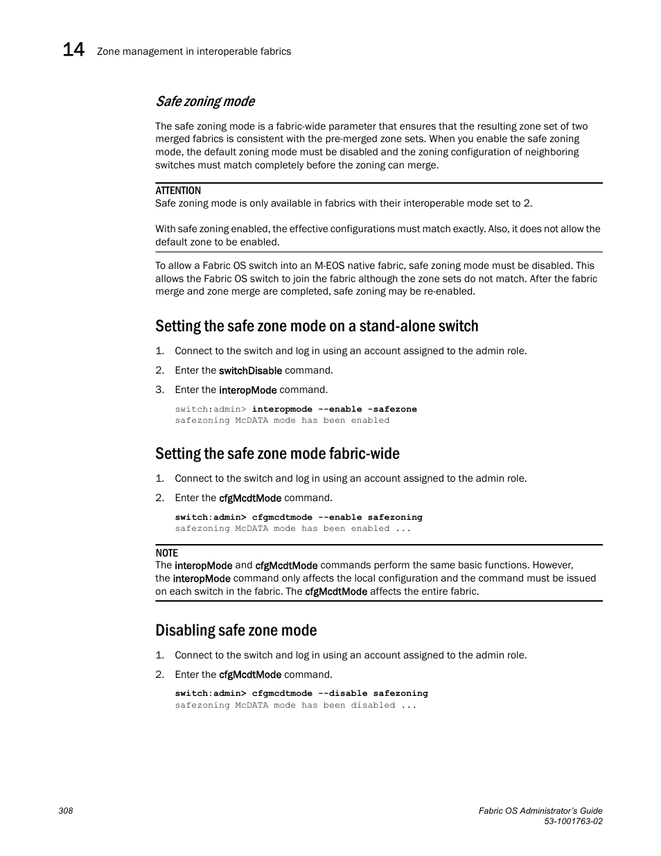 Setting the safe zone mode on a stand-alone switch, Setting the safe zone mode fabric-wide, Disabling safe zone mode | Safe zoning mode | Dell POWEREDGE M1000E User Manual | Page 348 / 586
