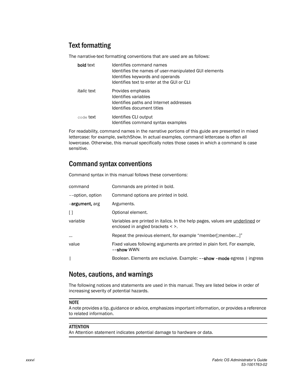 Text formatting, Command syntax conventions, Notes, cautions, and warnings | Dell POWEREDGE M1000E User Manual | Page 36 / 586