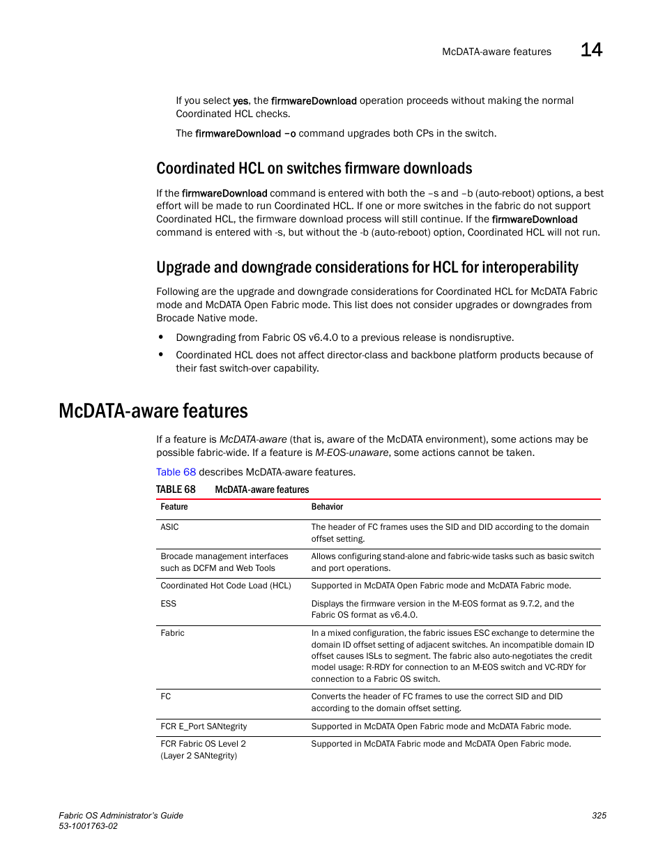 Coordinated hcl on switches firmware downloads, Mcdata-aware features, Table 68 | Dell POWEREDGE M1000E User Manual | Page 365 / 586