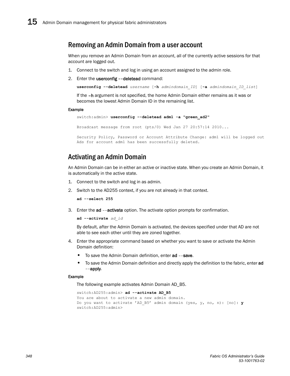 Removing an admin domain from a user account, Activating an admin domain | Dell POWEREDGE M1000E User Manual | Page 388 / 586