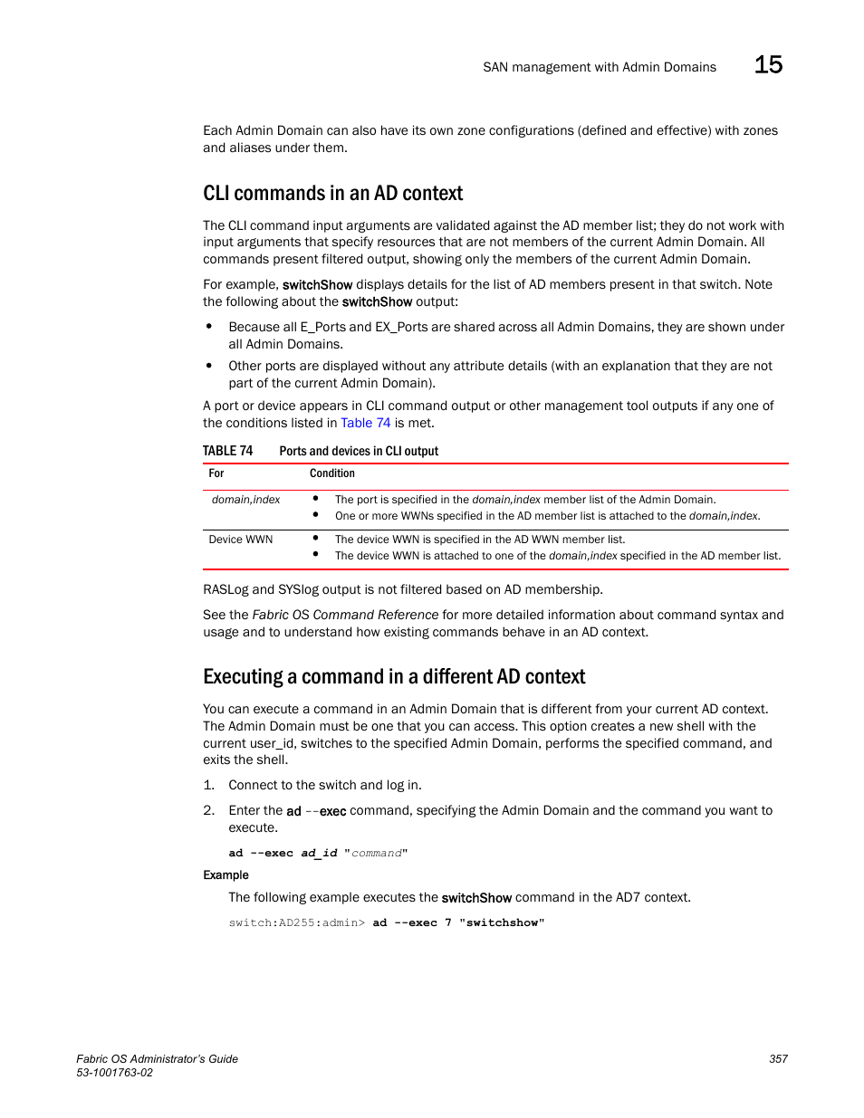 Cli commands in an ad context, Executing a command in a different ad context, Table 74 | Dell POWEREDGE M1000E User Manual | Page 397 / 586