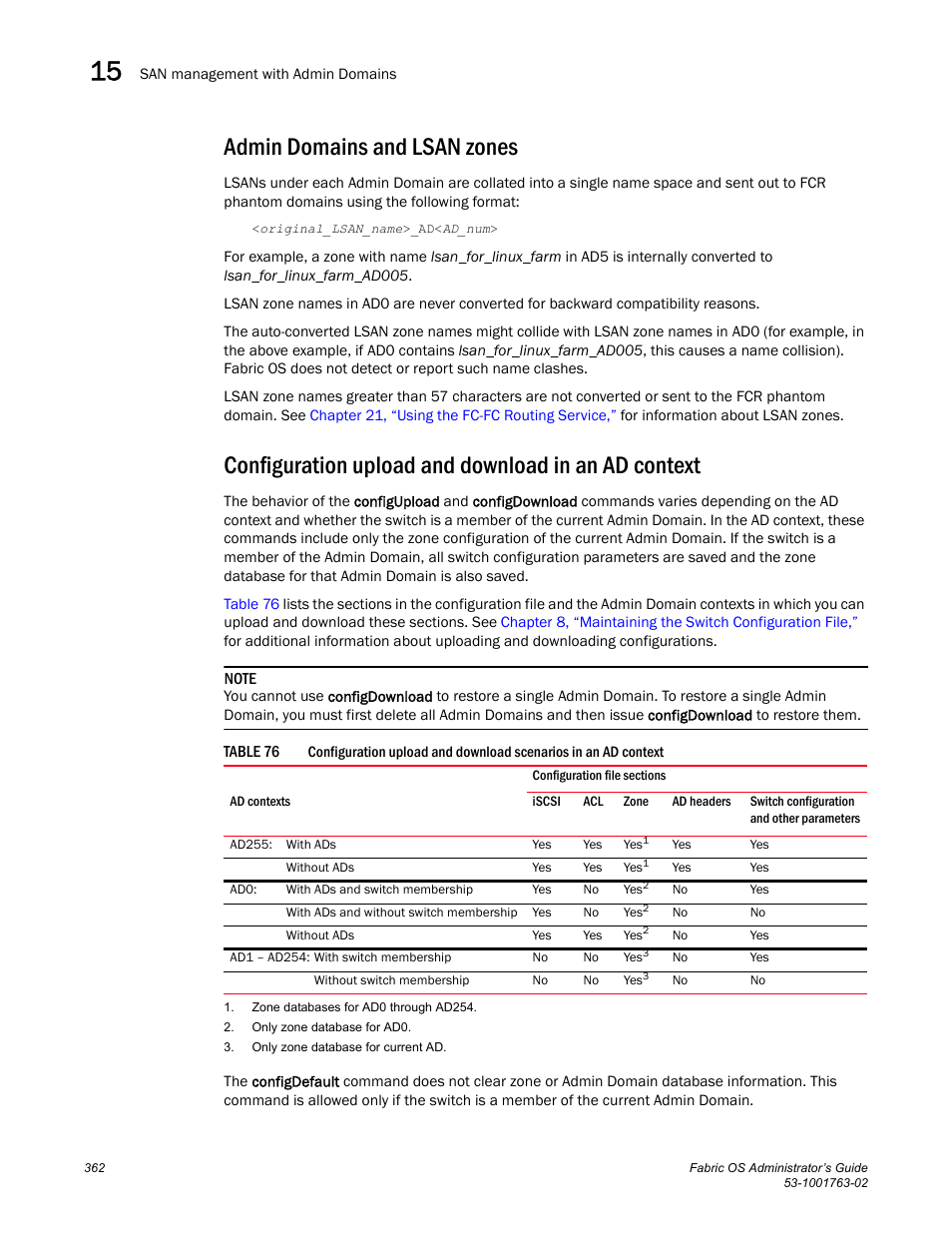 Admin domains and lsan zones, Configuration upload and download in an ad context, Table 76 | Dell POWEREDGE M1000E User Manual | Page 402 / 586