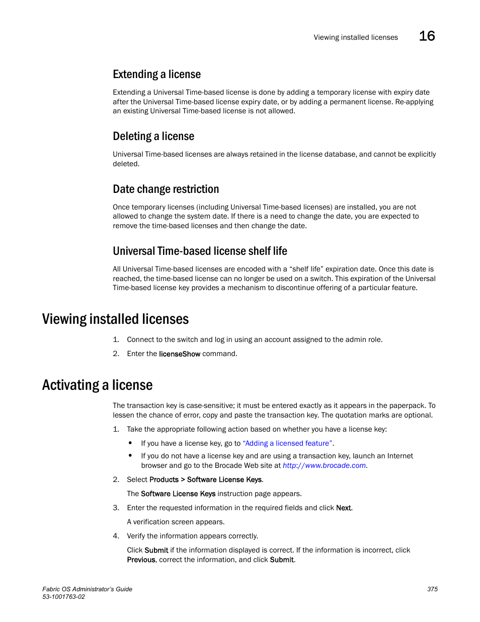 Extending a license, Deleting a license, Date change restriction | Universal time-based license shelf life, Viewing installed licenses, Activating a license | Dell POWEREDGE M1000E User Manual | Page 415 / 586