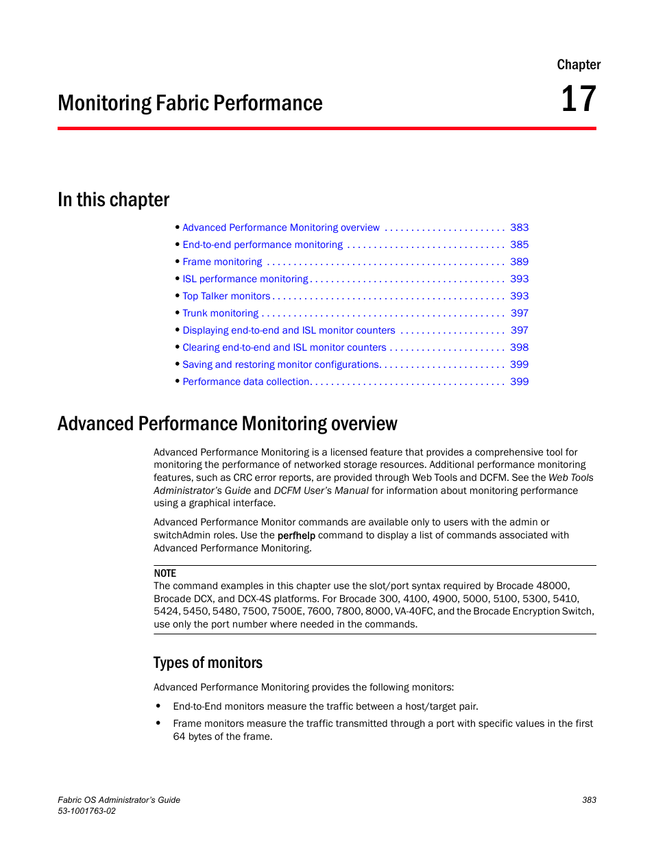 Monitoring fabric performance, In this chapter, Advanced performance monitoring overview | Types of monitors, Chapter 17, Chapter 17, “monitoring fabric performance | Dell POWEREDGE M1000E User Manual | Page 423 / 586