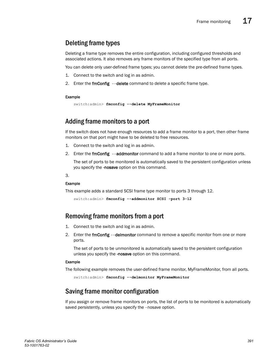 Deleting frame types, Adding frame monitors to a port, Removing frame monitors from a port | Saving frame monitor configuration | Dell POWEREDGE M1000E User Manual | Page 431 / 586