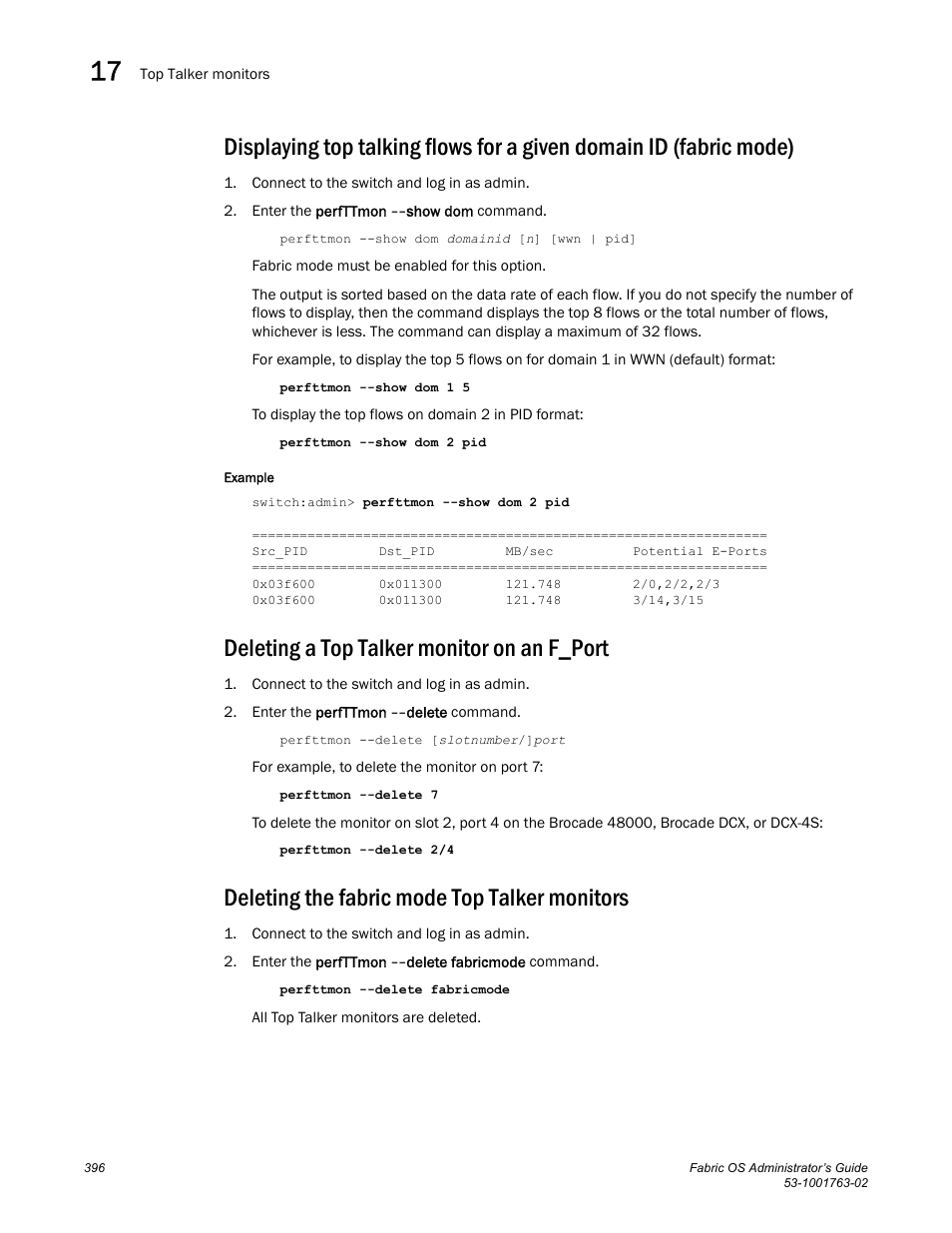 Deleting a top talker monitor on an f_port, Deleting the fabric mode top talker monitors | Dell POWEREDGE M1000E User Manual | Page 436 / 586