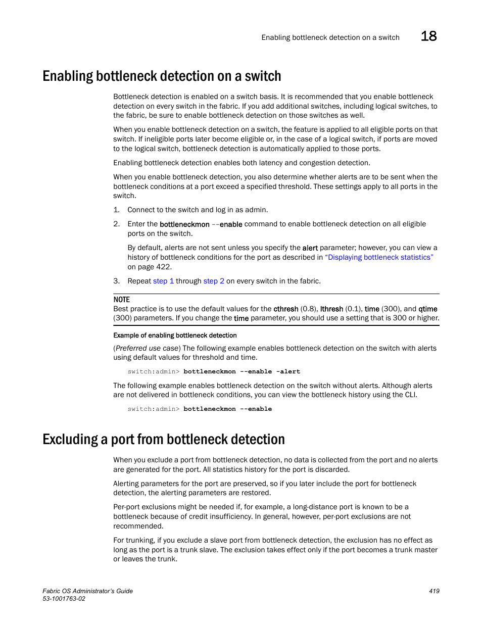 Enabling bottleneck detection on a switch, Excluding a port from bottleneck detection | Dell POWEREDGE M1000E User Manual | Page 459 / 586