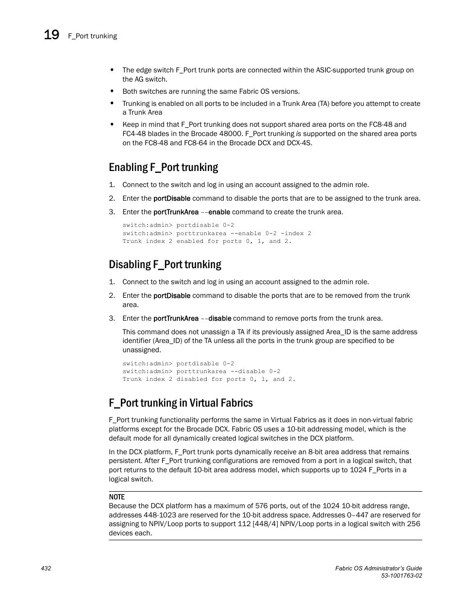 Enabling f_port trunking, Disabling f_port trunking, F_port trunking in virtual fabrics | Dell POWEREDGE M1000E User Manual | Page 472 / 586