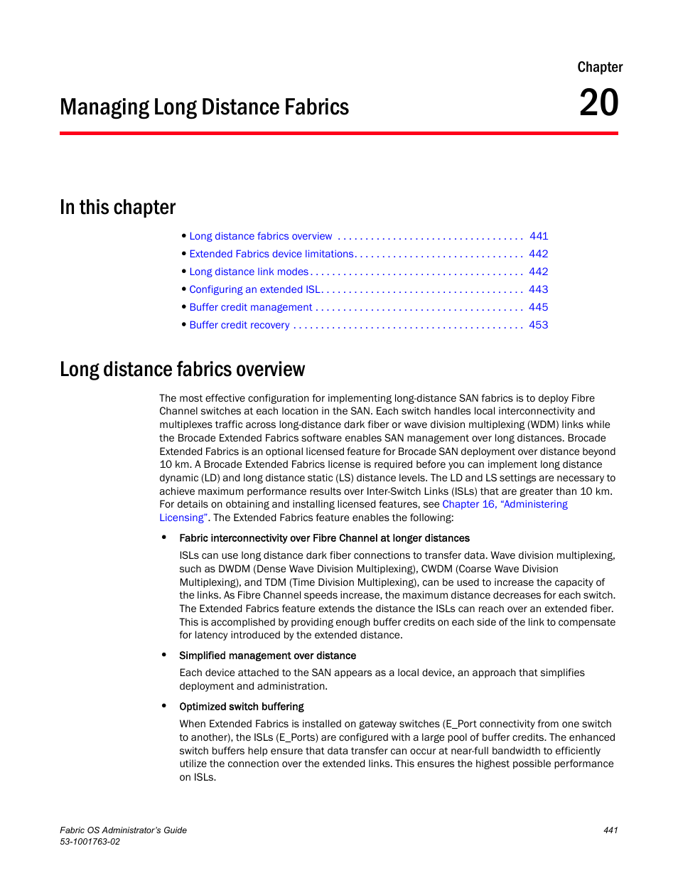 Managing long distance fabrics, In this chapter, Long distance fabrics overview | Chapter 20, Chapter 20, “managing long distance fabrics, Managing long, Distance fabrics, Chapter, 20, “managing long distance fabrics | Dell POWEREDGE M1000E User Manual | Page 481 / 586