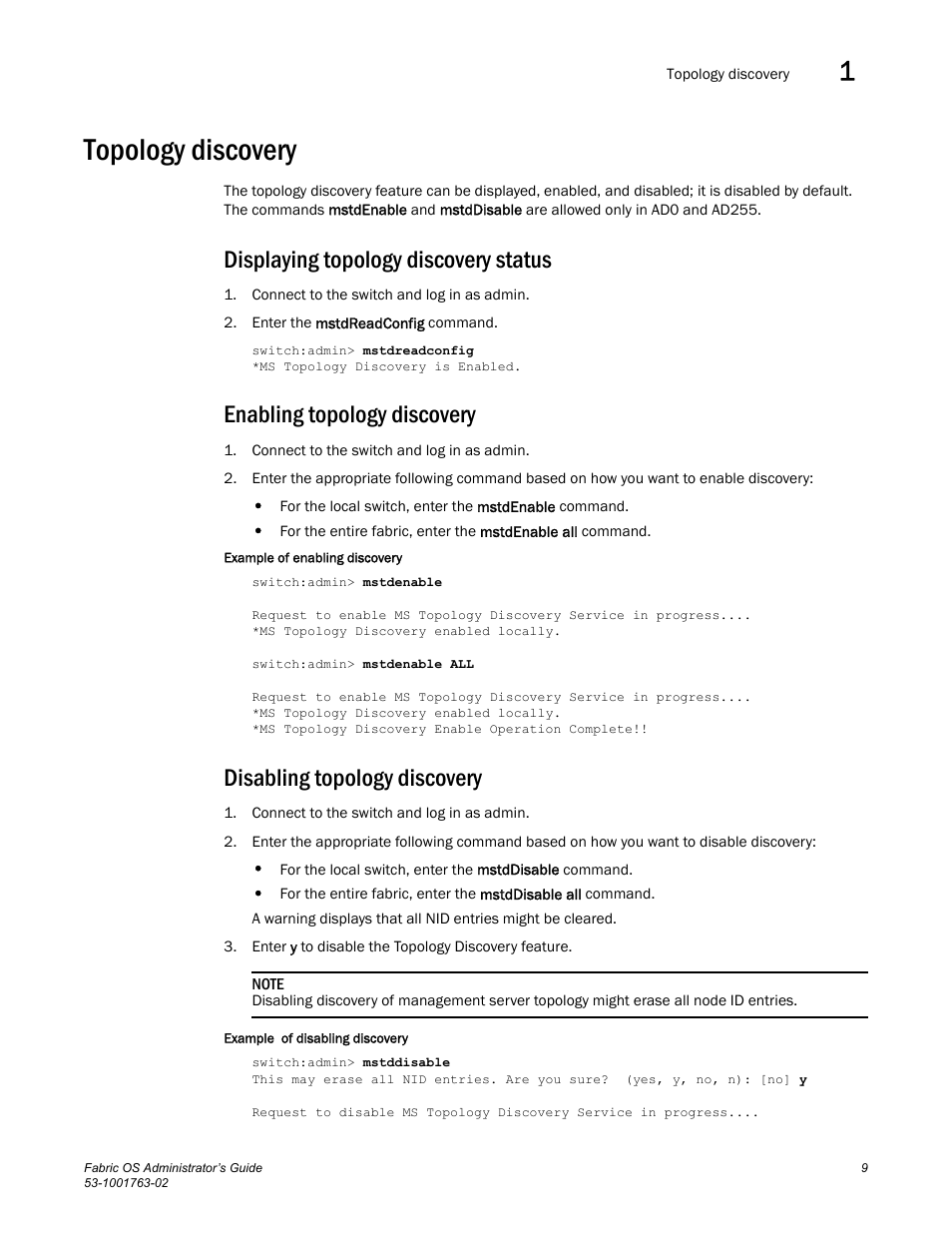 Topology discovery, Displaying topology discovery status, Enabling topology discovery | Disabling topology discovery | Dell POWEREDGE M1000E User Manual | Page 49 / 586