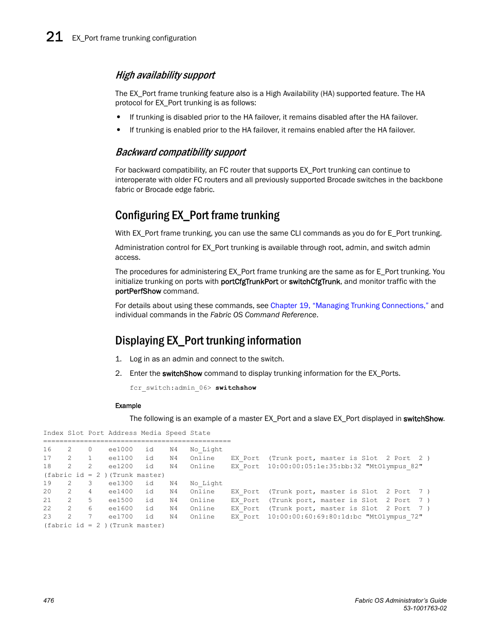 Configuring ex_port frame trunking, Displaying ex_port trunking information, P, see | Configuring, Ex_port frame trunking, High availability support, Backward compatibility support | Dell POWEREDGE M1000E User Manual | Page 516 / 586